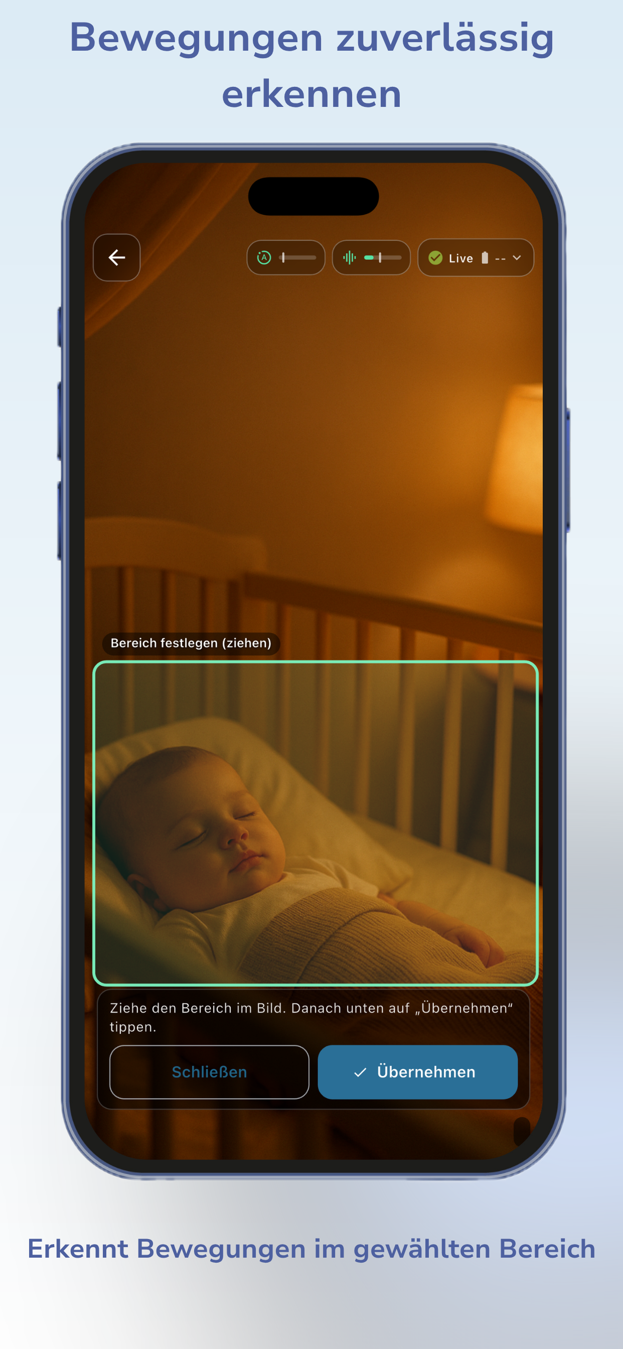 Auswahl eines Bildbereichs zur Bewegungserkennung im Bett des Babys