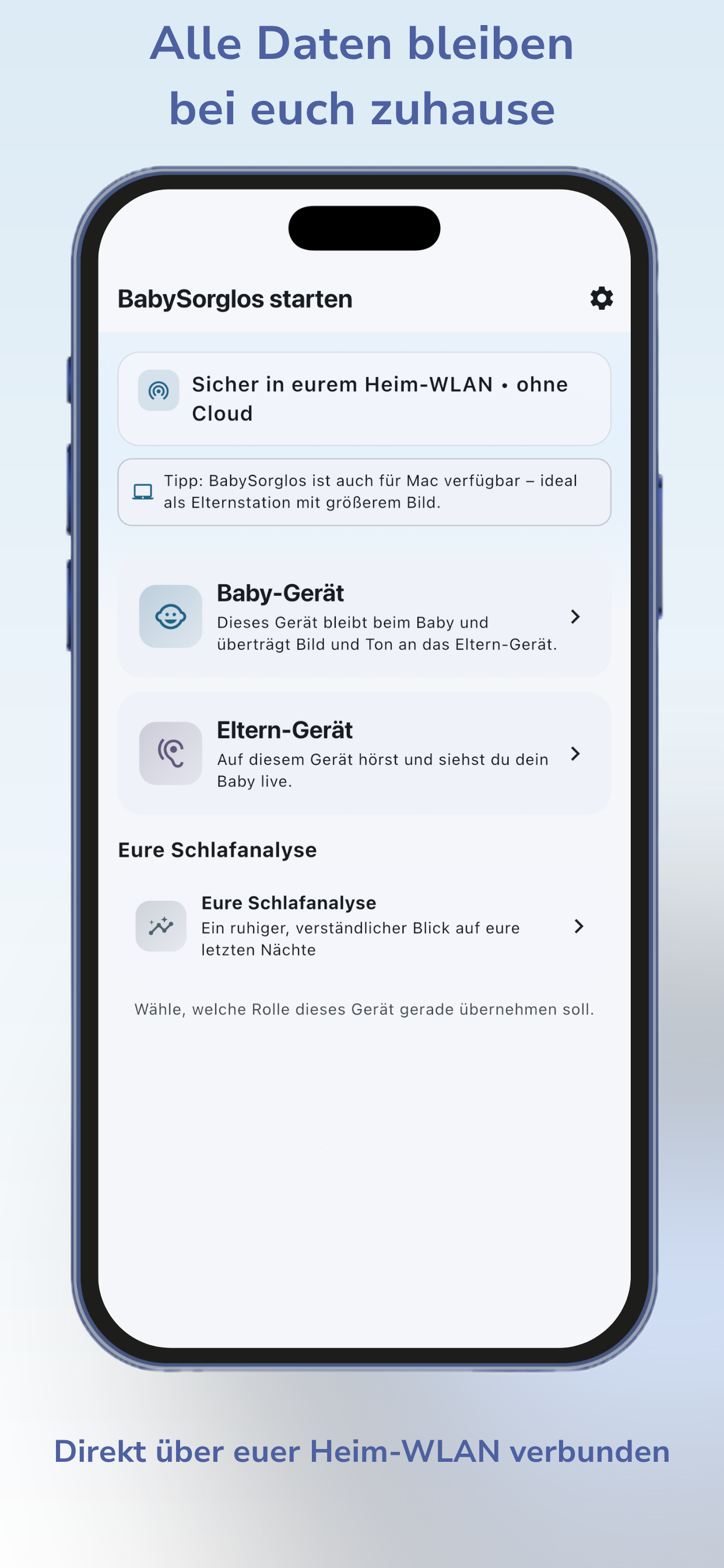 Rollenauswahl für Baby-Gerät und Eltern-Gerät mit Hinweis auf die Mac-Nutzung als Elternstation