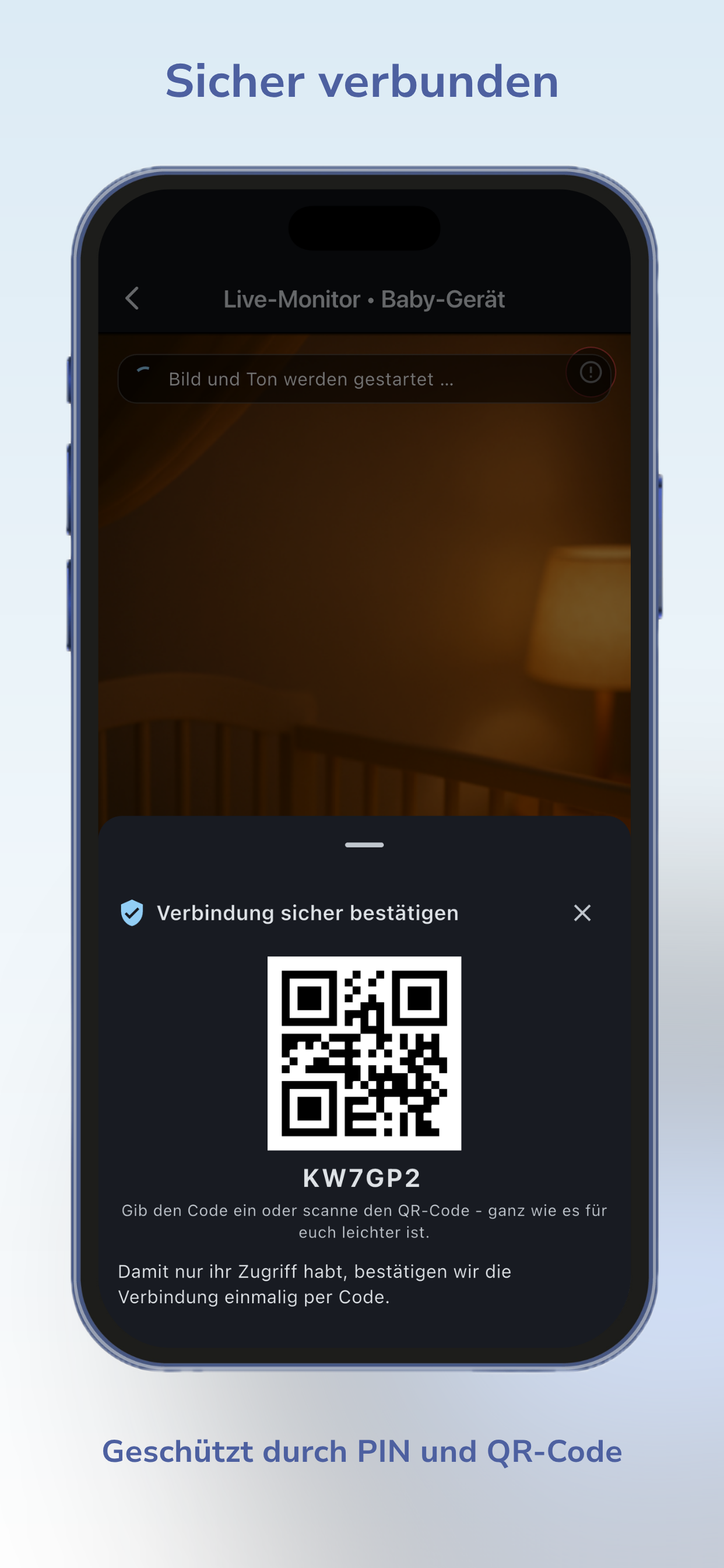 Sichere Verbindung per PIN-Code und QR-Code zwischen Baby- und Eltern-Gerät